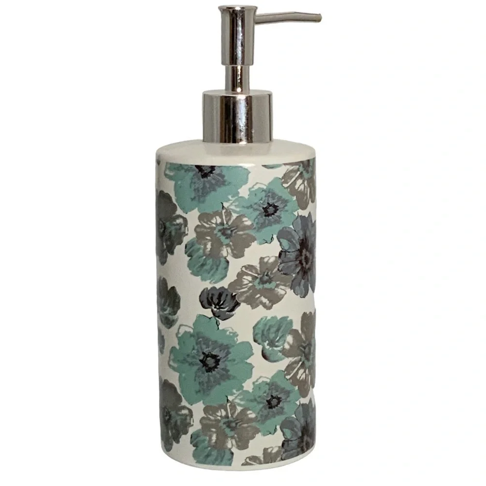 Sunburst Blue Grey Moth Clay Floral Ceramic Soap Lotion Dispenser 16 Oz